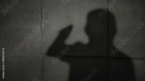 A dark, ominous shadow of a person with a raised arm cast upon a textured grey wall, creating a mysterious and dramatic atmosphere.