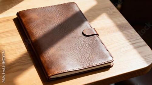 Brown leather-bound notebook resting on a wooden table with sunlight casting shadows