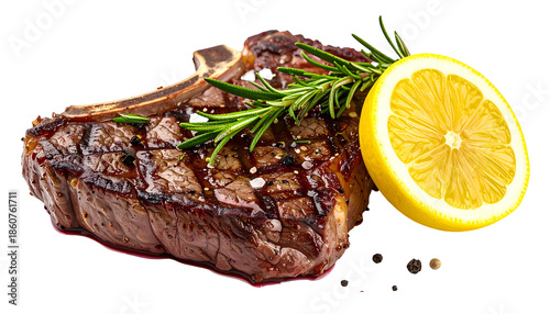 Grilled steak with bone, rosemary, and lemon garnish, on black