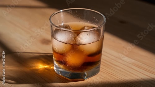 A glass of amber-colored alcoholic beverage with ice cubes sits on a wooden table, illuminated by natural light.