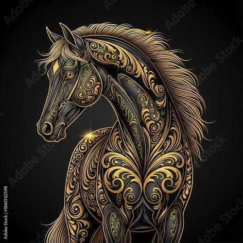 Majestic horse with golden filigree design on black background