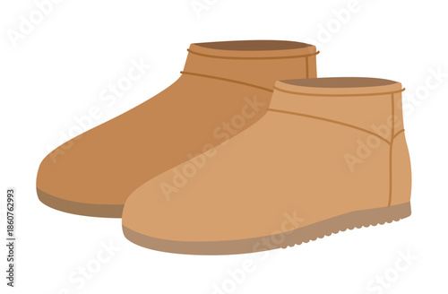 Tan mini winter boot women color pair. Low shaft cozy boot for city stroll coffee run and warm outfit. Technical fashion illustration CAD mockup soft vector man unisex isolated contemporary style.