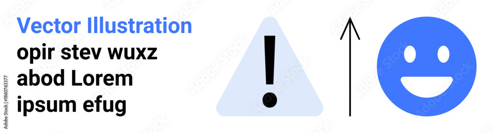 Fototapeta premium Warning signals, growth, communication, positive feedback, instructions, data presentation. Triangle with exclamation mark, arrow pointing up and blue smiling face. Warning signals and growth