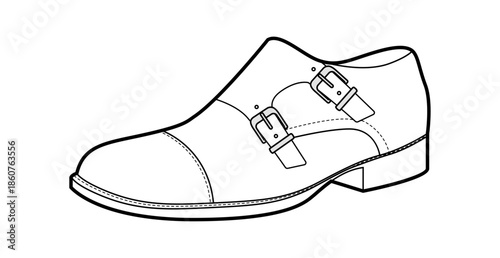 Monkstrap mens double buckle single shoe line. Twin strap leather footwear modern formal smart casual style. Technical fashion illustration CAD mockup sketch vector women unisex isolated.
