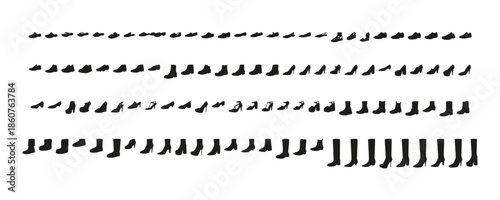 Footwear silhouettes collection sketch pair. Multiple shoe styles with varied profiles education, technical reference training. Technical fashion illustration detailed vector isolated elegant style