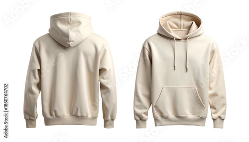 Cream-colored unisex hoodie displayed, showing both front and back views against a black backdrop
