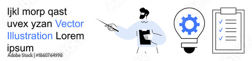 Task management, teamwork, business planning, strategic collaboration, idea execution, goal achievement. A man pointing to ideas with a checklist and lightbulb icon. Task management and teamwork