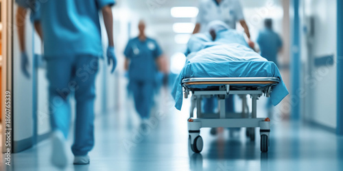 Doctors, nursers and emergency medical services rushing with a patient in a hospital. Health care concept.