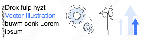 Renewable energy, sustainability, clean technology, mechanical engineering, business growth, environmental progress. Gears, wind turbine upward arrows. Renewable energy and sustainability concept