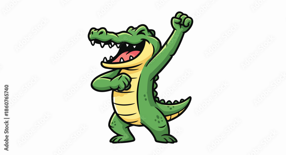 Fototapeta premium Cartoon Crocodile Celebrating with Raised Fist and Open Mouth.
