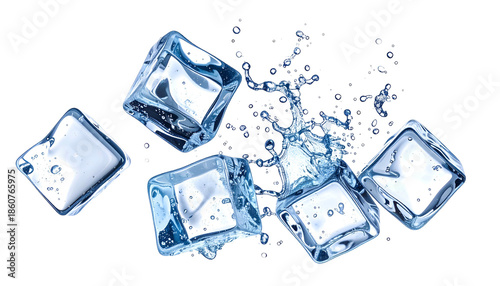 Transparent ice cubes scattered, some splashing water, on black background