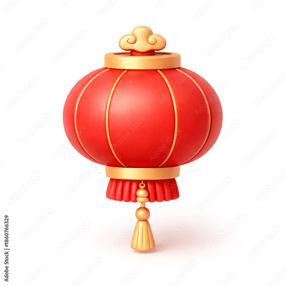 Obraz premium High-quality 3D rendering of a classic round red Chinese lantern with gold tassels. Symbol of light and reunion