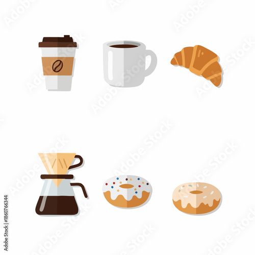 Coffee and pastries vector icon set illustration.