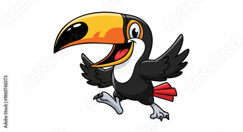 Cheerful cartoon toucan with a large colorful beak.