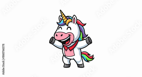 Happy cartoon unicorn with rainbow mane and tail smiling widely.