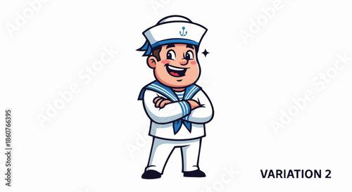 Happy cartoon sailor character with crossed arms smiling brightly.