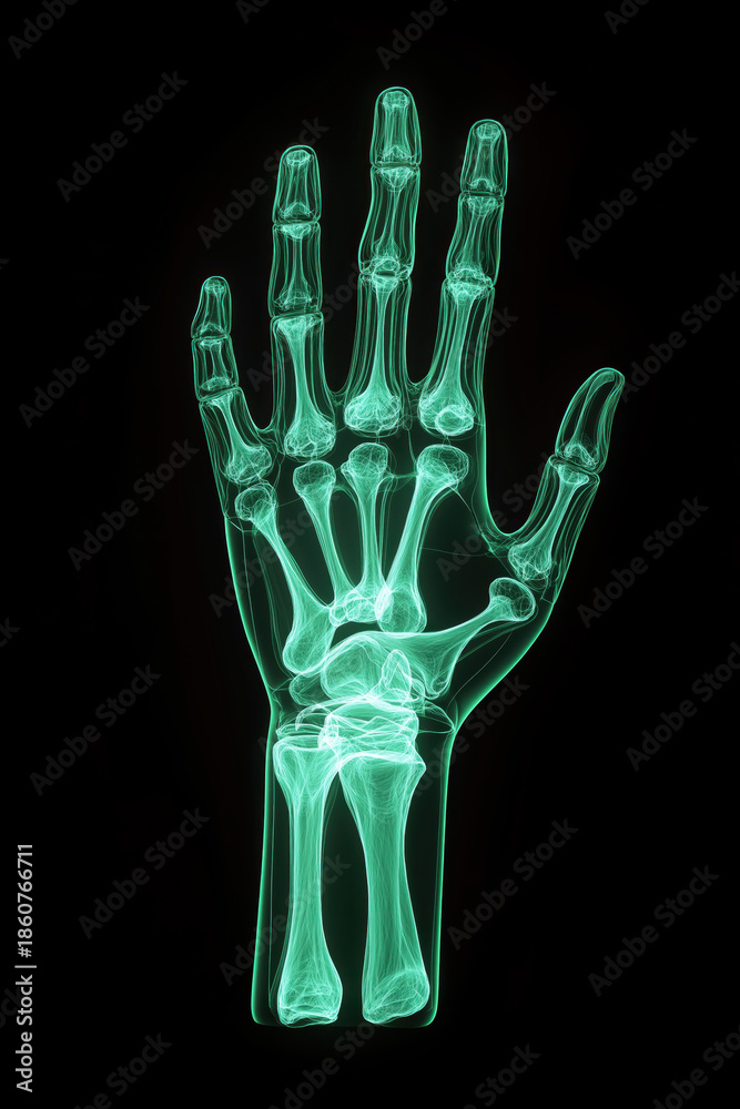Naklejka premium X-ray image of open hand bones on black background. Radiology healthcare concept.