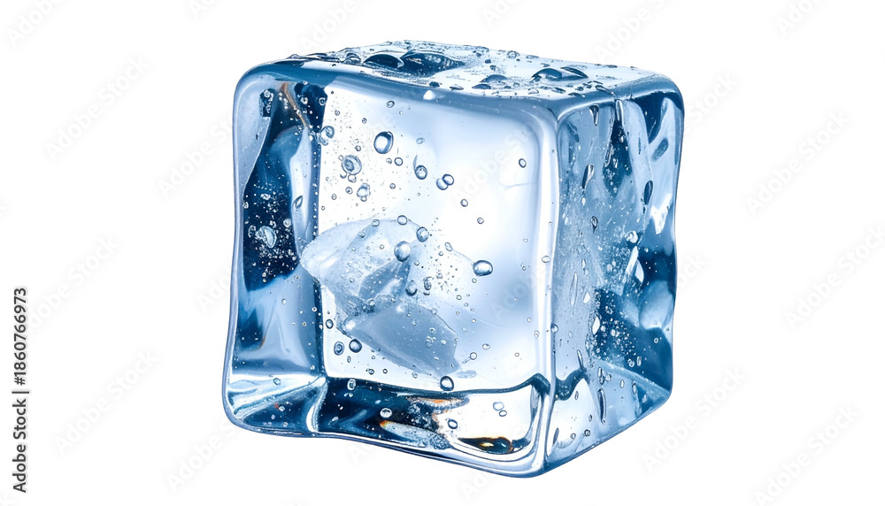 Obraz premium A close-up of a clear, square ice cube with water bubbles inside