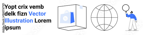 Shopping bag in a cube, geometric globe, person exploring with magnifying glass. Ideal for e-commerce, global business, exploration, creativity, marketing, education simple landing page