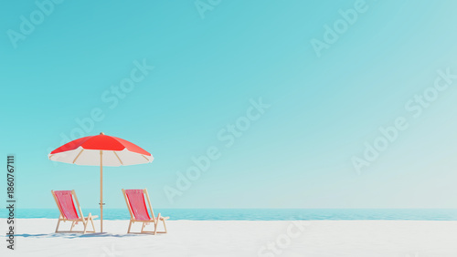 Minimal beach scene with umbrella and copy space. Summer concept.