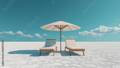 Beach lounge chairs under umbrella on turquoise sky. Summer leisure concept.