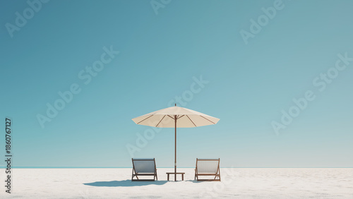 Minimal beach umbrella with lounge chairs. Summer vacation concept.