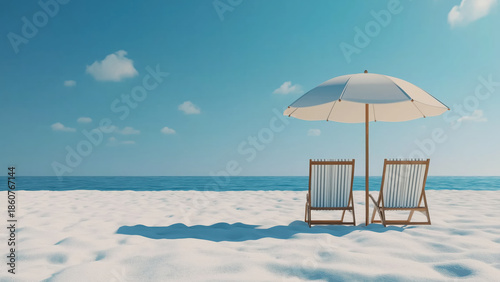 Beach chair and umbrella by the sea. Summer relaxation concept.
