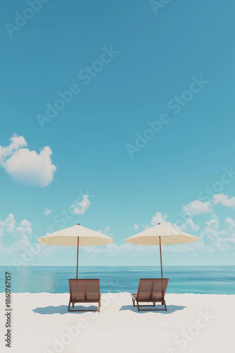 Beach umbrellas on white sand under blue sky. Summer holiday concept.