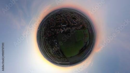 A tiny planet view of a sunrise on a frosty morning over Moorends in South Yorkshire, UK