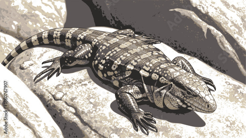 Color multilayered vector illustration of an Argentine tegu lizard on a rocky surface. Design for educational wildlife posters or exotic pet care branding. Transparent background SVG version.