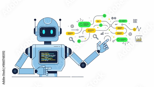 Robot analyzing complex data flowchart with various symbols and connections, illustrating technology and artificial intelligence in a digital environment from a straightforward viewpoint