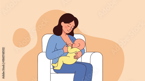 A mother breastfeeding her newborn baby while sitting comfortably on a couch indoors with a serene expression