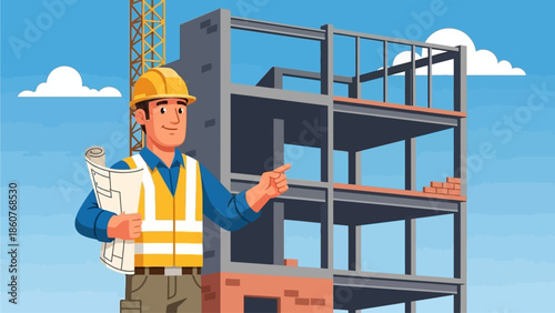 Construction worker in safety vest explaining building plans near unfinished structure on a clear day
