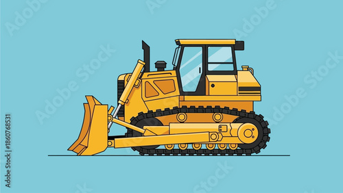 A yellow bulldozer is illustrated on a blue background