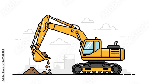 Heavy machinery excavator operating on a construction site with clear sky background
