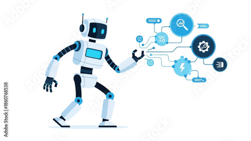 Robot interacting with futuristic technology interface elements in a dynamic digital environment from a side viewpoint