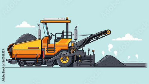 Asphalt paving machine laying down black asphalt on a road construction site with piles of material nearby