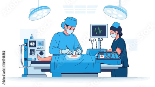 Surgeons performing an operation in a hospital theater with medical equipment surrounding the patient on the operating table