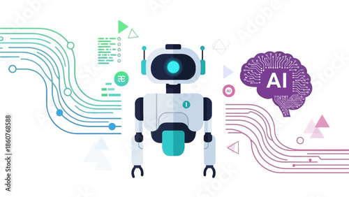 A futuristic robot with artificial intelligence standing in a minimalist white environment with circuit lines and a brain symbol