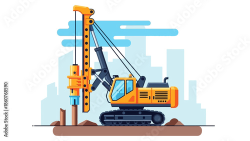 Construction site with drilling rig operating in urban landscape