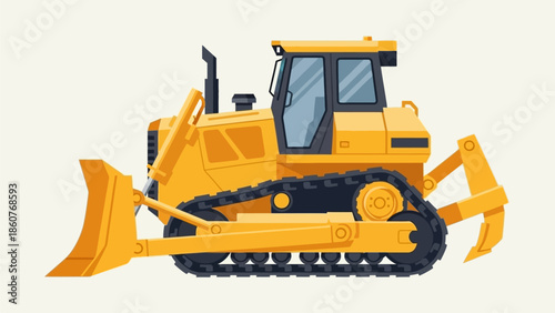 A yellow bulldozer with a large blade and ripper is viewed from the side against a plain background