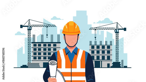 Construction worker in safety gear holding blueprints in front of urban building site with cranes