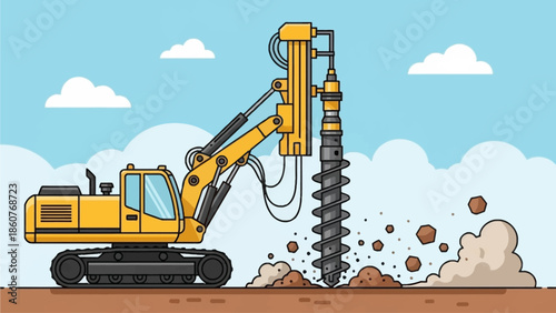 A large yellow excavator digs into the ground with its drilling attachment amidst clouds of dirt and debris under a serene blue sky