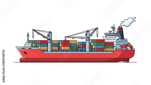 A large cargo ship with colorful containers is being loaded at a busy industrial harbor from a side view