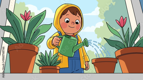 A child in a yellow raincoat watering plants in pots on a windowsill on a rainy day