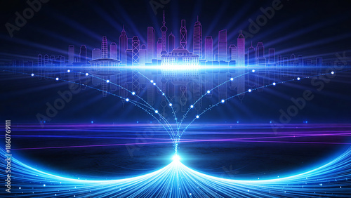 Abstract futuristic digital cityscape with glowing light rays, network connections, and neon-lit skyscrapers, symbolizing technological advancement and urban innovation.
