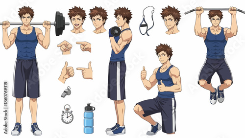 Fit young man in various exercise poses with gym equipment