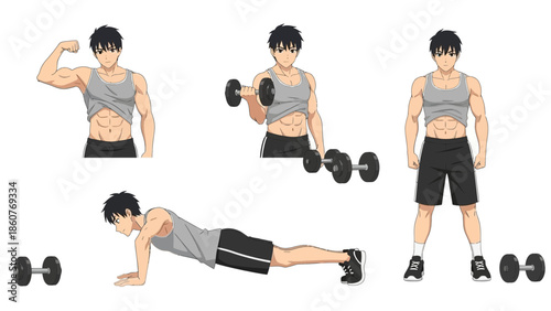 Anime style muscular man working out with dumbbells