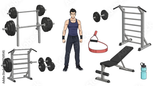 Muscular man surrounded by gym equipment and weights for fitness