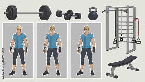 Fitness illustrations for commercial use with workout equipment and trainer